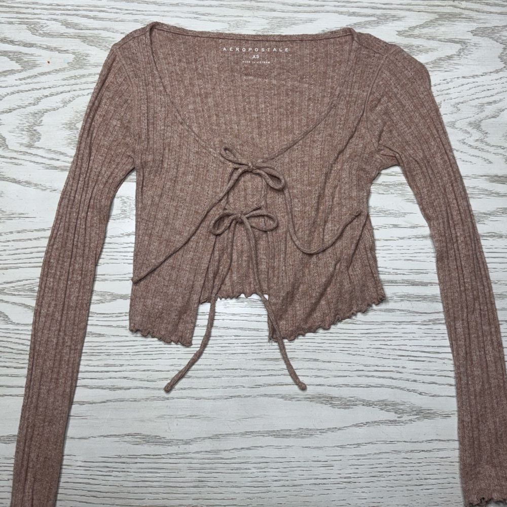 Aeropostale Brown Ribbed Tie-Front Top